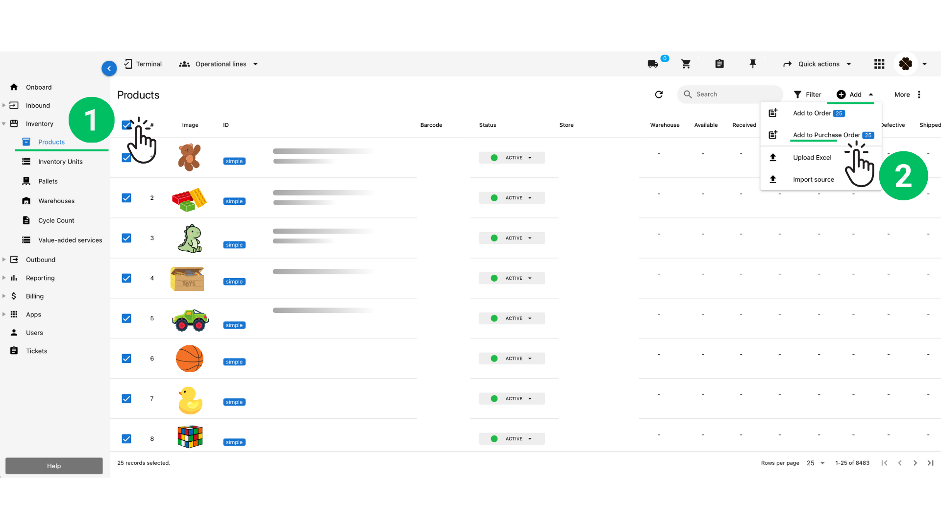 How to add inventory by scanning/manually add products into a purchase order (PO) through the desktop interface (non-mobile) Octava WMS Warehouse Management System Octava WMS