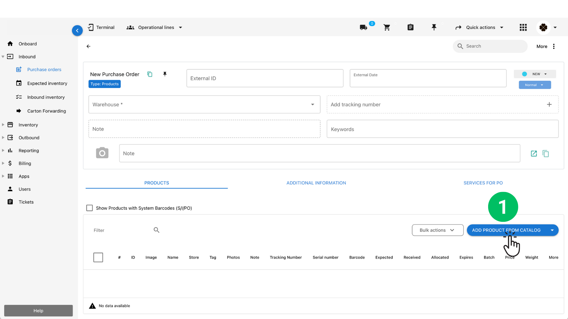 How to add inventory by scanning/manually add products into a purchase order (PO) through the desktop interface (non-mobile) Octava WMS Warehouse Management System Octava WMS