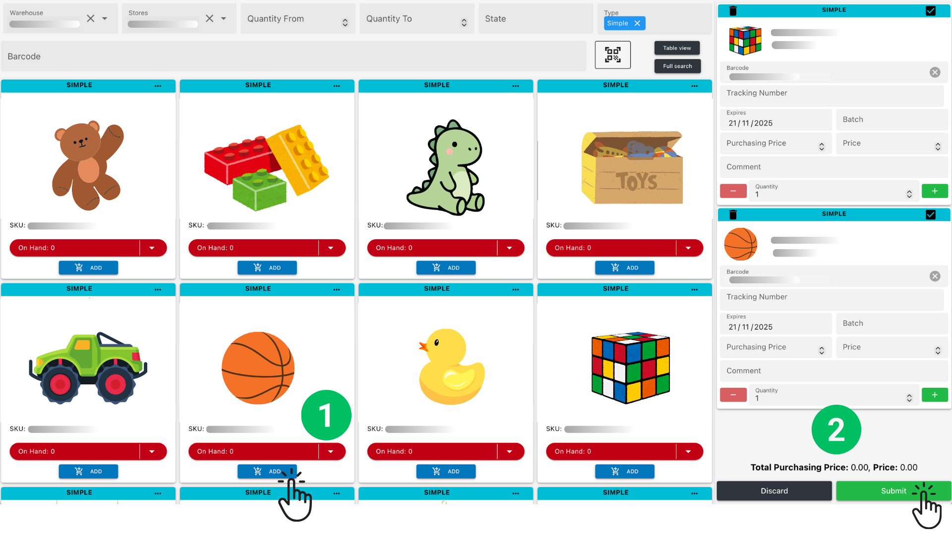 How to add inventory by scanning/manually add products into a purchase order (PO) through the desktop interface (non-mobile) Octava WMS Warehouse Management System Octava WMS