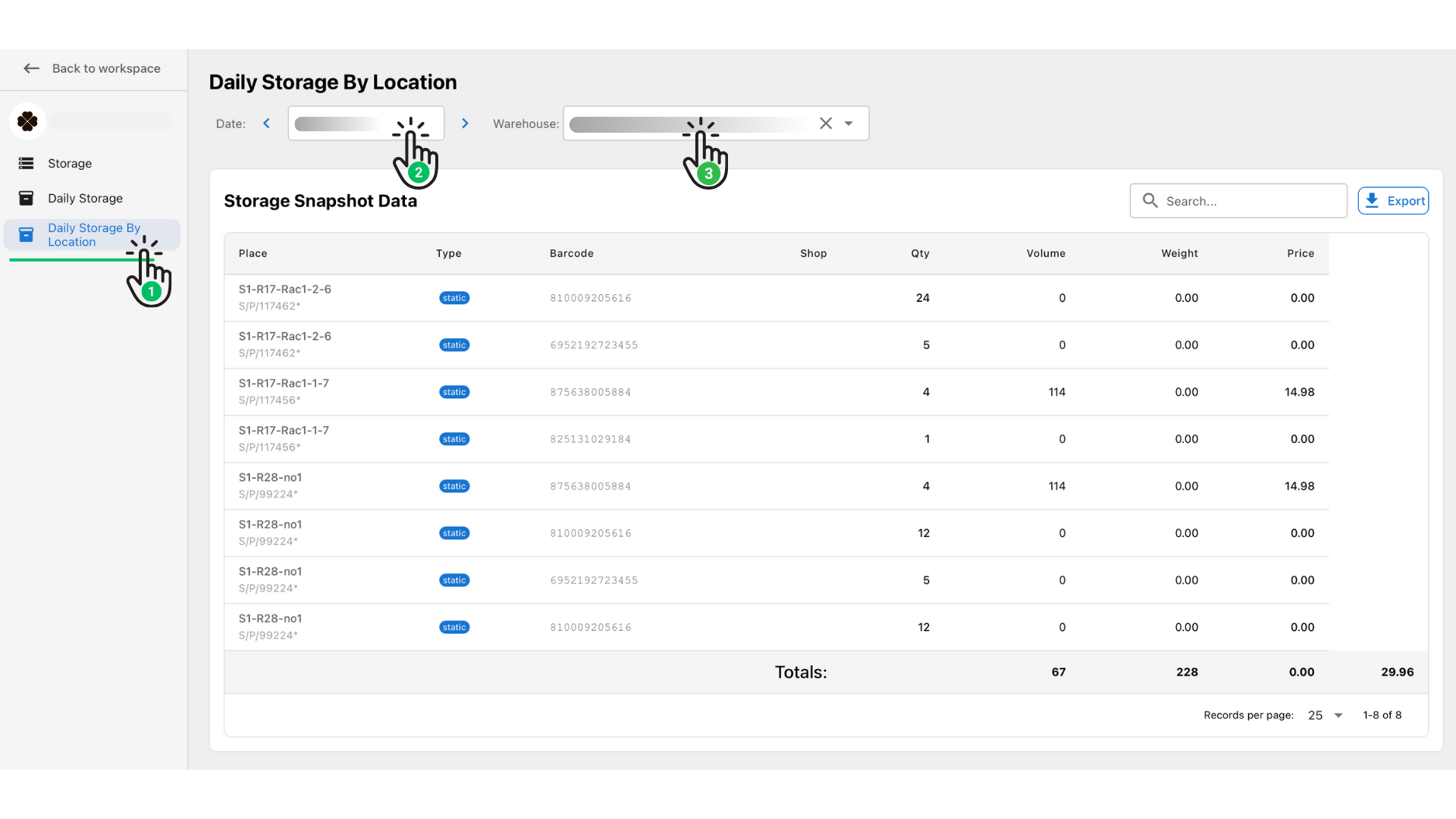 Daily storage by location report Octava WMS Warehouse Management System Octava WMS