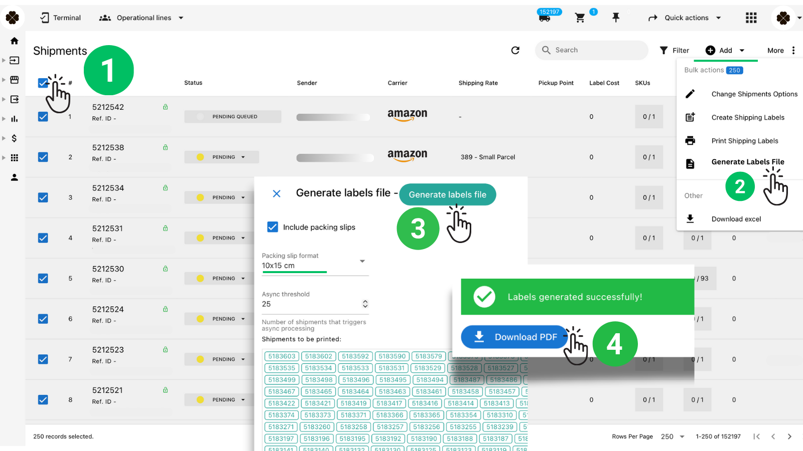 Generate PDF with Shipping Labels and Packing Slips (Up to 250 Shipments) Octava WMS Warehouse Management System Octava WMS